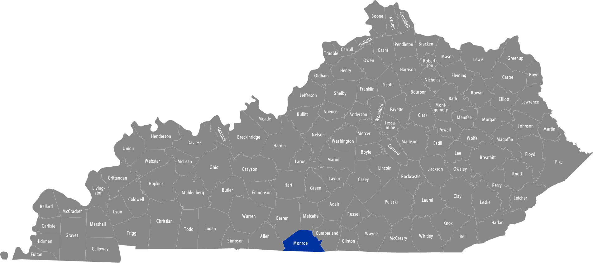 State of Kentucky map with Monroe County highlighted